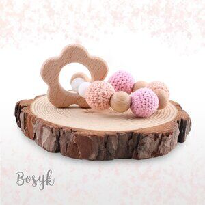 NEW - Flower Wood / Crochet Teether - Teether Pacifier Clips
